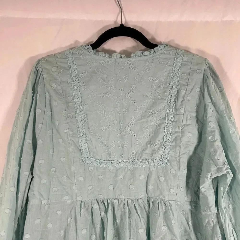 Torrid Blouse Women's 1 1X Blue Vneck Long Sleeve Frill Neckline 100% Cotton